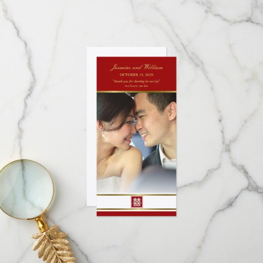 レッド&金ゴールドスクエアダブル中国のハピネス結婚ズ サンキューカード (正面/裏面インサイチュ)