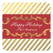 レッド&金ゴールドストライプのクリスマスホリデーステッカー