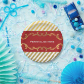 レッド&金ゴールドストライプのクリスマスホリデーパーティープレート ペーパープレート (パーティー)