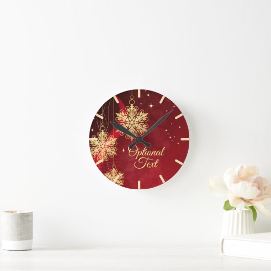 レッド&金ゴールドスノーフレークフィリグリーカスタムクリスマス ラウンド壁時計 (ホーム)