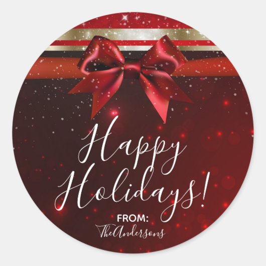 レッド&金ゴールドスパークルシックボウエレガントホリデービープ ラウンドシール (正面)