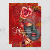 レッド&金ゴールドスパークルマスクマスカレードスウィート16招待状 招待状 (正面/裏面)