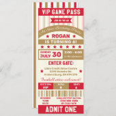 レッド&金ゴールドスポーツをテーマにしたチケット誕生日パーティー 招待状 (正面/裏面)