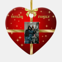 レッド&金ゴールドセラミックハートフォトオーナメント