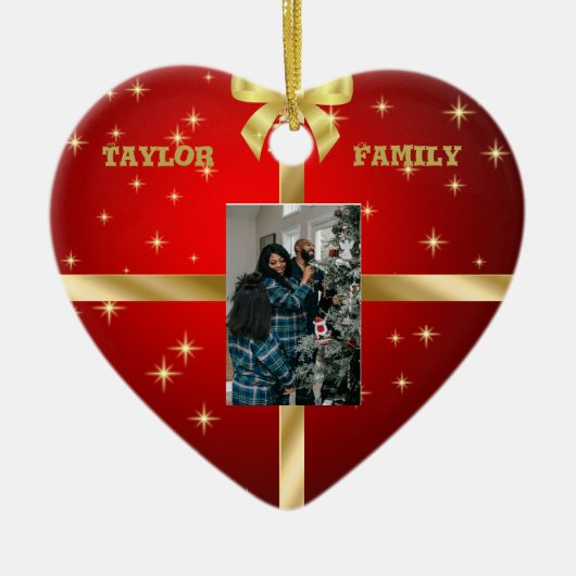 レッド&金ゴールドセラミックハートフォトオーナメント セラミックオーナメント (正面)