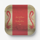 レッド&金ゴールドドラゴンファンタジーアジアテーマ結婚ズ ペーパープレート (正面)