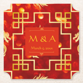 レッド&金ゴールドドラゴン結婚ズチケット紙コースター ペーパーコースター