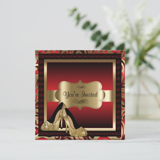 レッド&金ゴールドハイヒール00番目の誕生日招待状 招待状 (スタンド正面)