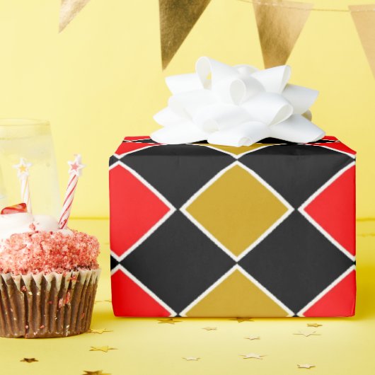 レッド&金ゴールドハーレクイン ラッピングペーパー (誕生日パーティー)