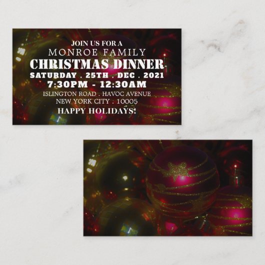 レッド&金ゴールドバウブルクリスマスパーティーチケット招待状 エンクロージャーカード (正面/裏面)