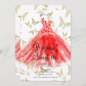 レッド&金ゴールドバタフライダンスドレススウィート16パーティー 招待状 (正面/裏面)