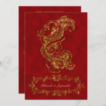 レッド&金ゴールドピーコックインディアン結婚式招待状