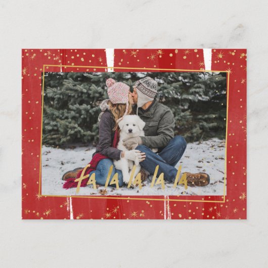 レッド&金ゴールドファララララスノークリスマスホリデー シーズンポストカード (正面)