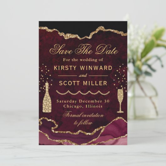 レッド&金ゴールドフェイクグリッターマーブルアゲ結婚ート セーブザデート (スタンド正面)