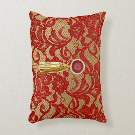レッド&金ゴールドフェイクフローラレースジュエル&金ゴールド アクセントクッション (正面(垂直))