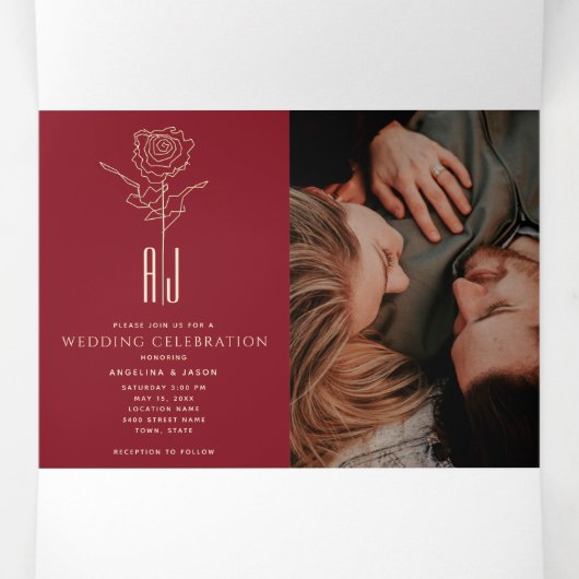 レッド&金ゴールドフォトフォトトリフォールドウェディング招待状 三つ折り招待状 (内部中)