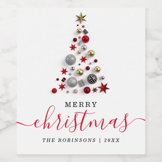 レッド&金ゴールドホリデーモダンクリスマスツリー ワインラベル (シングルラベル)