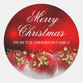 レッド&金ゴールドホリーバウブルクリスマスステッカー ラウンドシール