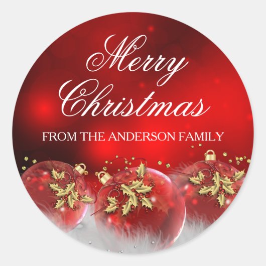 レッド&金ゴールドホリーバウブルクリスマスステッカー ラウンドシール (正面)