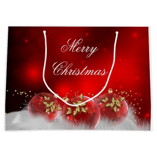 レッド&金ゴールドホリーバウブルズメリークリスマス ラージペーパーバッグ (正面)