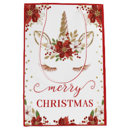 レッド&金ゴールドポインセチア顔メリークリスマス ミディアムペーパーバッグ