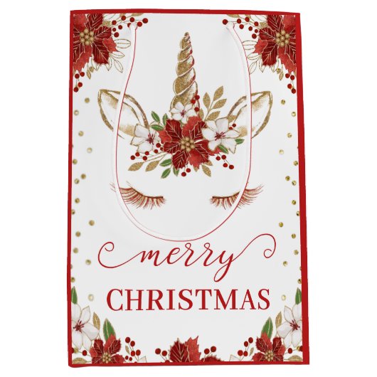 レッド&金ゴールドポインセチア顔メリークリスマス ミディアムペーパーバッグ (正面)