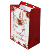 レッド&金ゴールドポインセチア顔メリークリスマス ミディアムペーパーバッグ (裏面アングル)