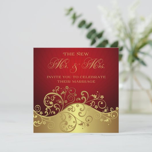 レッド&金ゴールドポストウエディングレセプション招待状 招待状 (スタンド正面)