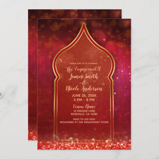 レッド&金ゴールドモロッコアラビアンナイト婚約 招待状 (正面/裏面)