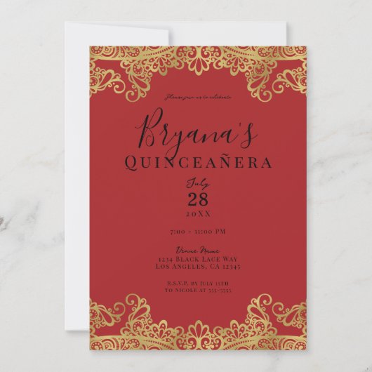 レッド&金ゴールドレースキエレガントンセアニラパーティー 招待状 (正面)