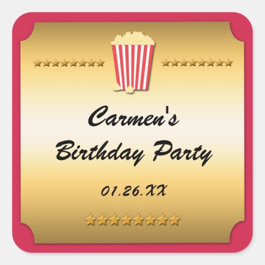 レッド&金ゴールド映画シネマポップコーンパーティーシール スクエアシール (正面)
