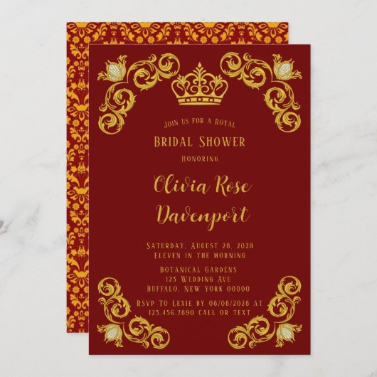 レッド&金ゴールド王室のクラウンダマスクブライダルシャワー 招待状 (正面/裏面)