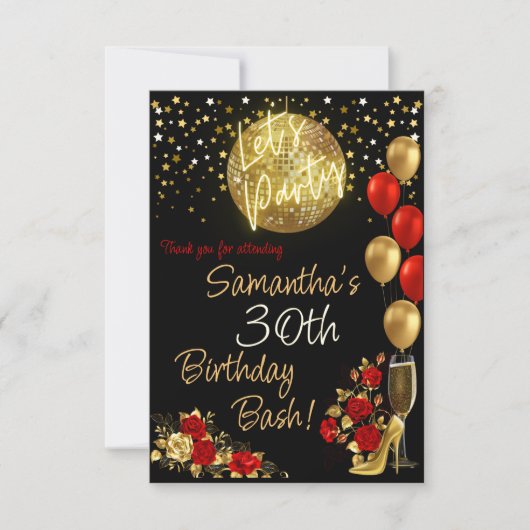 レッド&金ゴールド誕生日ポスター サンキューカード (正面)