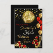 レッド&金ゴールド誕生日ポスター サンキューカード (正面/裏面)