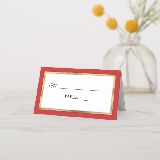 レッド |金ゴールド |白いシンプル座席表 プレイスカード (正面)