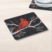 レッド(鳥)ショウジョウコウカンチョウとウィンターレッドベリー スクエアペーパーコースター (アングル)