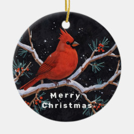レッド（鳥）ショウジョウコウカンチョウとウィンターレッドベリー セラミックオーナメント