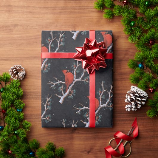 レッド（鳥）ショウジョウコウカンチョウとウィンターレッドベリー ラッピングペーパー (クリスマスギフト)