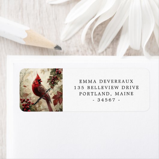 レッド(鳥)ショウジョウコウカンチョウとベリー ラベル (インサイチュ)