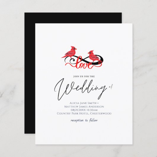 レッド（鳥）ショウジョウコウカンチョウインフィニティラブ結婚式招待状 (正面/裏面)