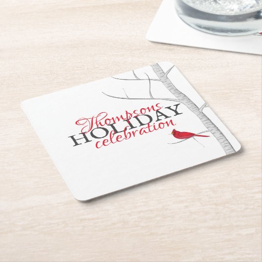 レッド（鳥）ショウジョウコウカンチョウウィンターウッドランドカスタムツリー スクエアペーパーコースター (アングル)