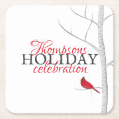レッド（鳥）ショウジョウコウカンチョウウィンターウッドランドカスタムツリー スクエアペーパーコースター (正面)