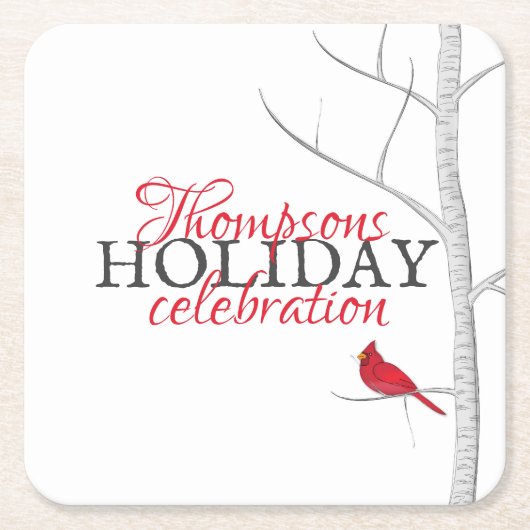 レッド（鳥）ショウジョウコウカンチョウウィンターウッドランドカスタムツリー スクエアペーパーコースター (正面)