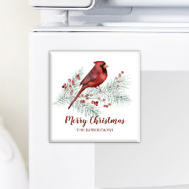 レッド(鳥)ショウジョウコウカンチョウウィンターパインベリーメリークリスマス マグネット