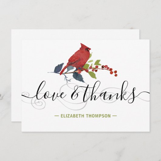 レッド（鳥）ショウジョウコウカンチョウウォーターカラーモノグラムラブ&感謝してい Love サンキューカード (正面/裏面)