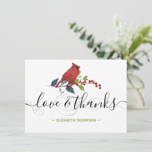 レッド（鳥）ショウジョウコウカンチョウウォーターカラーモノグラムラブ&感謝してい Love サンキューカード (スタンド正面)