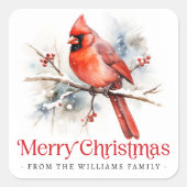 レッド(鳥)ショウジョウコウカンチョウオンウィンターブランチメリークリスマス スクエアシール (正面)