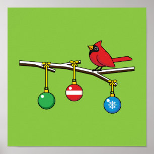 レッド(鳥)ショウジョウコウカンチョウオンクリスマスベアブランチ ポスター