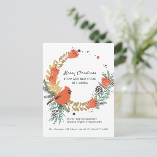 レッド(鳥)ショウジョウコウカンチョウストロベリークリスマスリースムービング 案内ポストカード (スタンド正面)