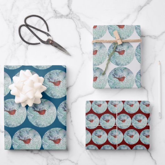 レッド(鳥)ショウジョウコウカンチョウスノーウィンターアートラップクラフト紙 ラッピングペーパーシート (正面)